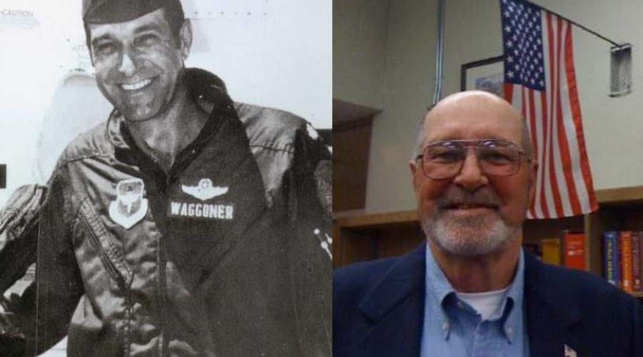 A young man in Naval pilot uniform and the same man in adjacent photo decades later.