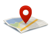 Clip art image of map with large red "pin" icon indicating location