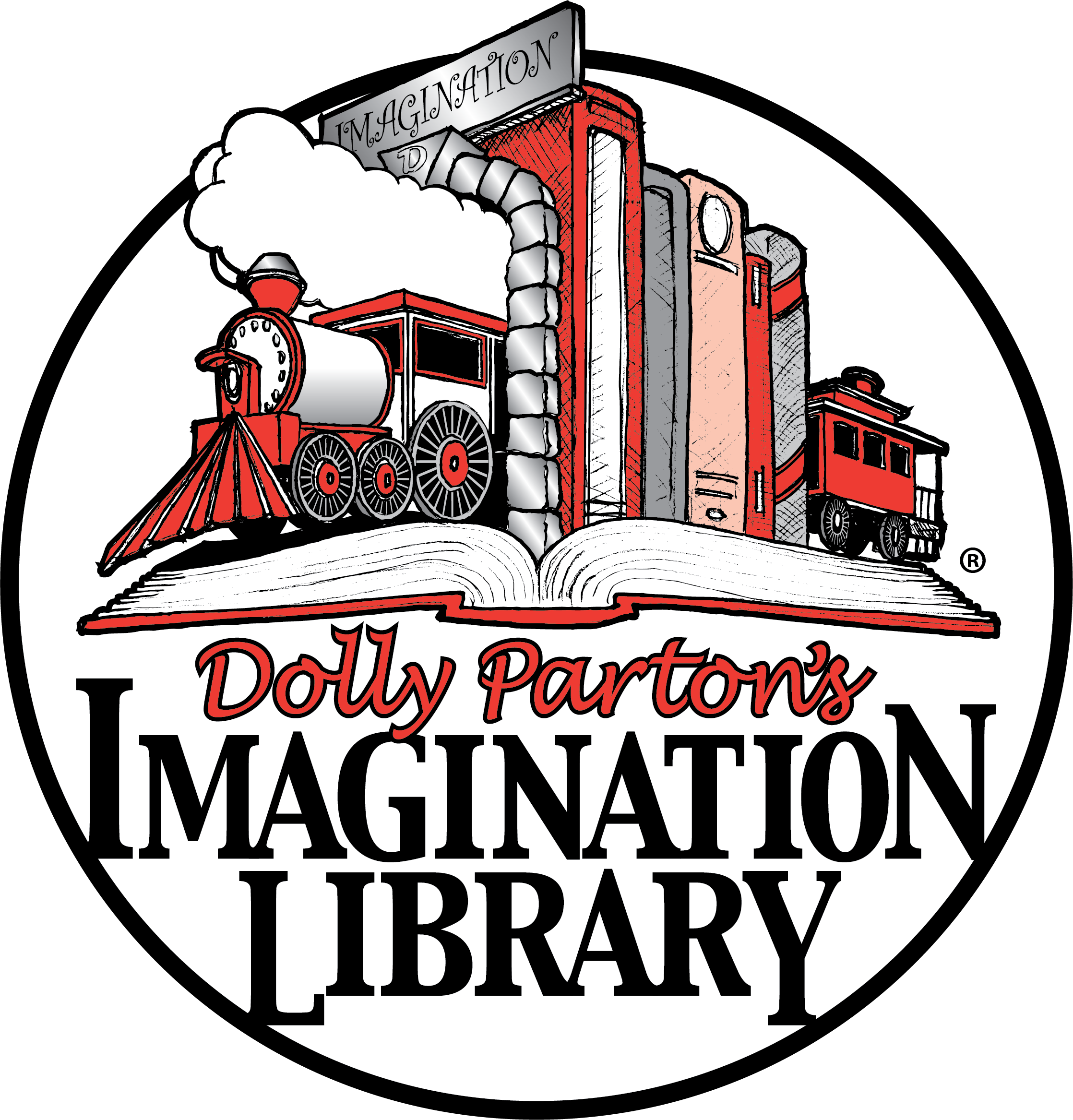 Logo shows a circle with red and black train and words Dolly Parton's Imagination Library