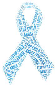 Blue and white ribbon with text reading stop child abuse