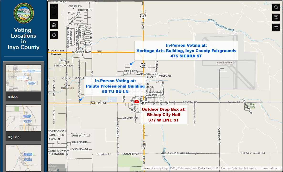 Map of Inyo County Voting Locations and Drop Boxes