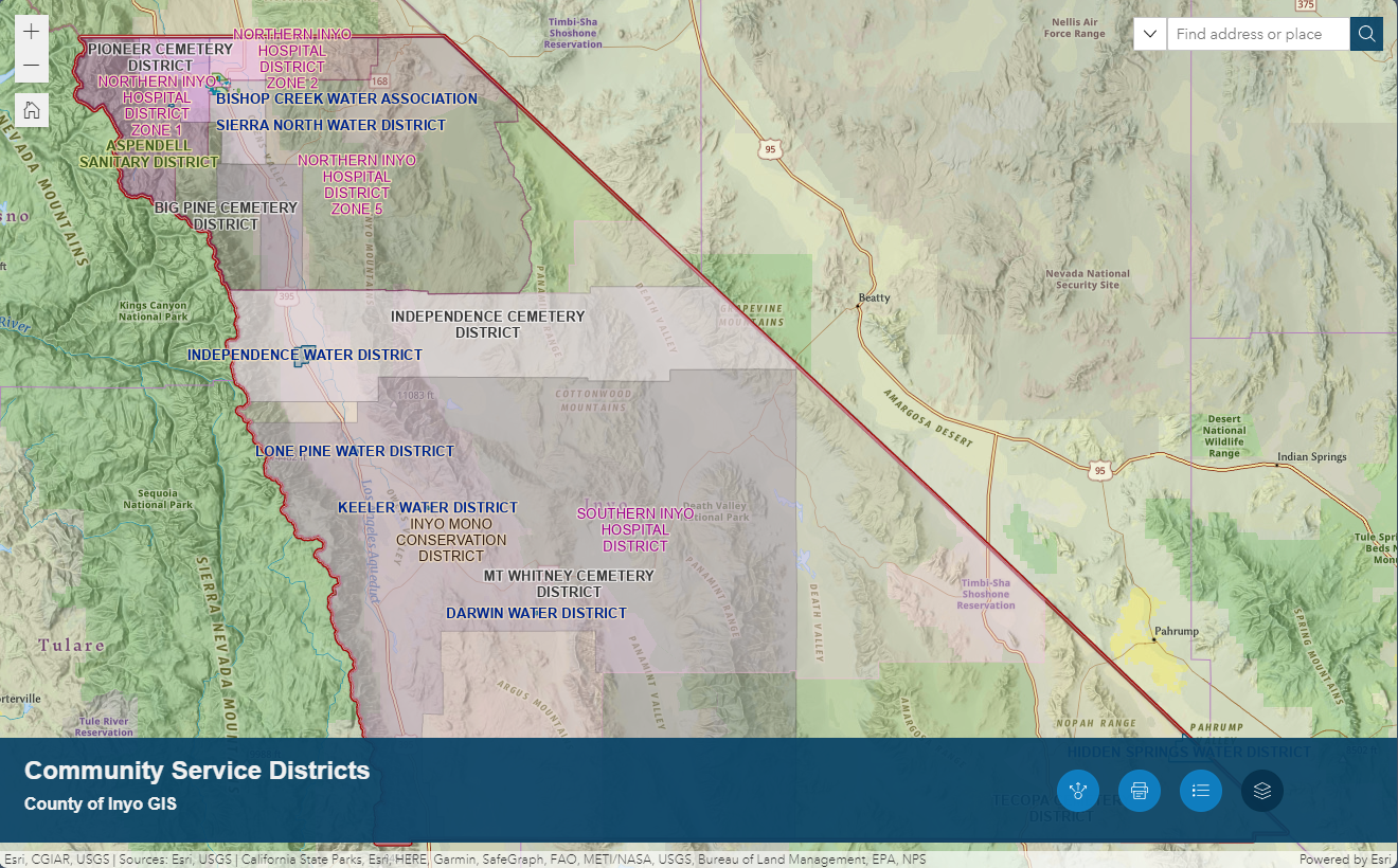 Map of Inyo's Community Service Districts