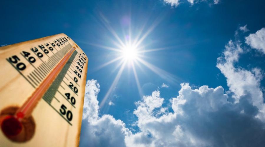 An outdoor thermometer as seen from below, with blue sky and clouds in the background.