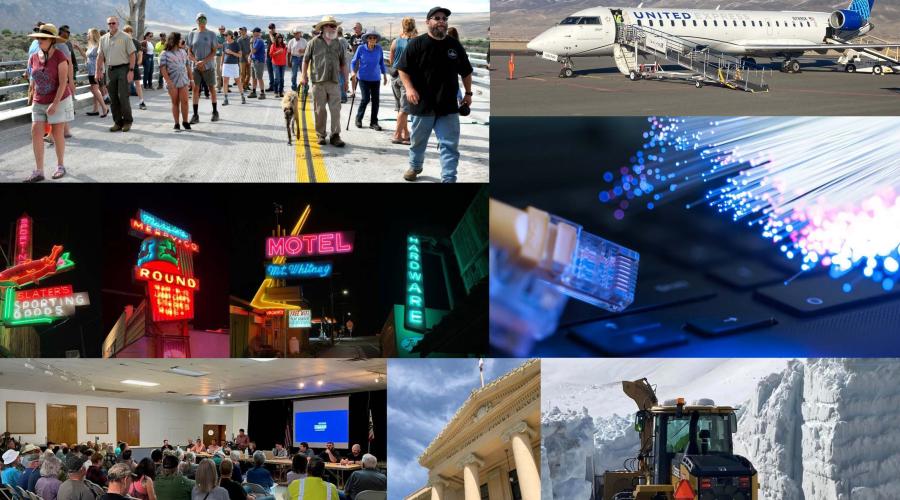 Collage of photos showing a ribbon cutting on a bridge, a plane landing at Bishop Airport, Lone Pine's business district, a community meeting, fiber optic cable, and snow removal.