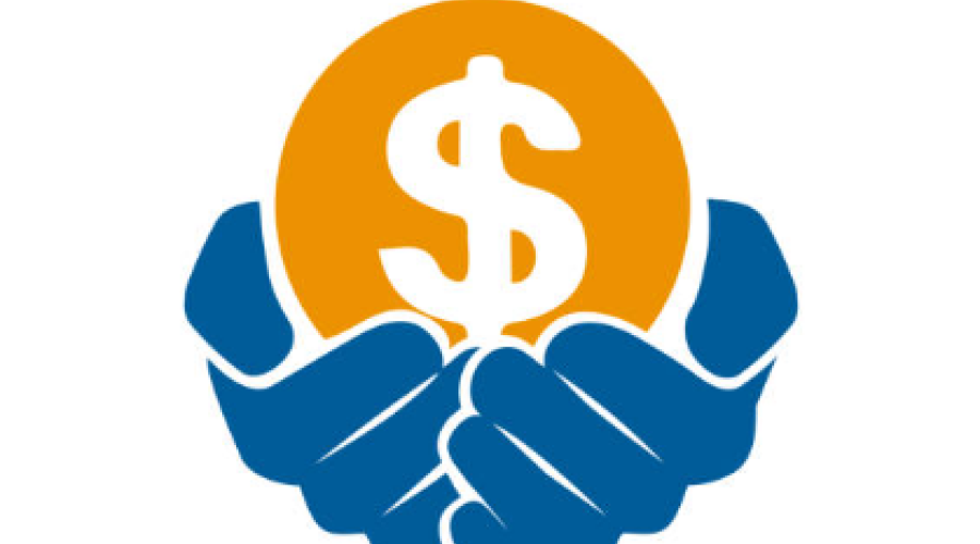 Blue cartoon hands holding an orange orb with a dollar sign on it. 