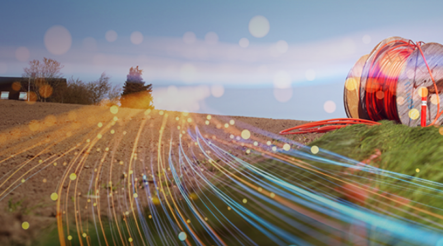 Rural dirt road, farm house, tree with giant spool of cable and simulated laser-type lines representing broadband internet