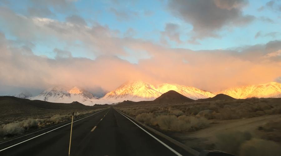 Nice road, view of Mt. Tom and sunrise