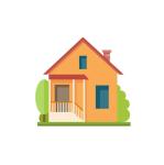 Small clip art image of orange two-story house with porch, chimney and two green bushes on either side.